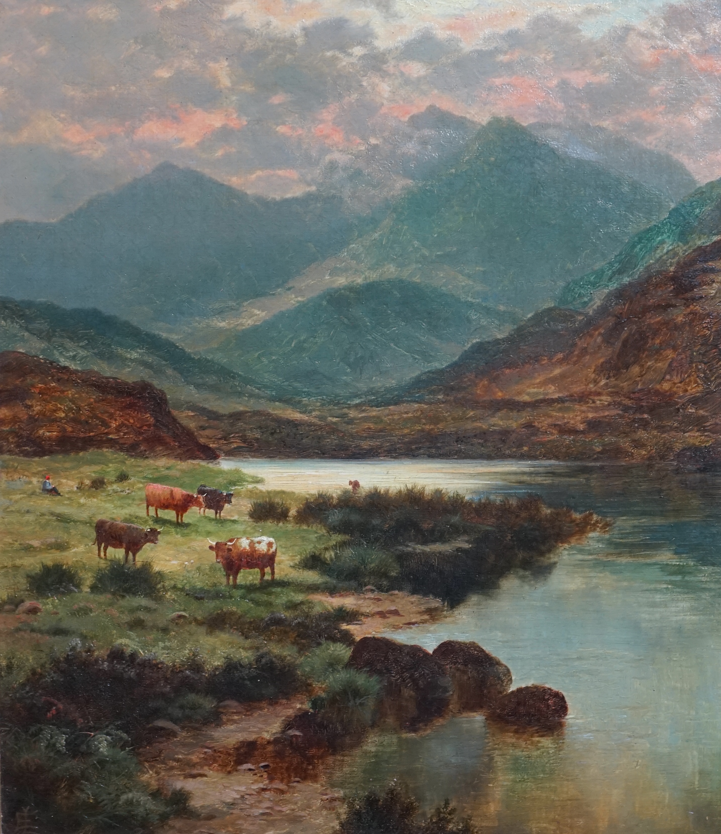 Edgar Longstaffe (British, 1852-1933), Highland landscapes with cattle and angler, oil on canvas, a pair, 35 x 30cm